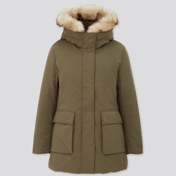 Uniqlo sz XS Down Hybrid parka with faux fur hood insulated green zip/snap VGUC - Picture 1 of 9